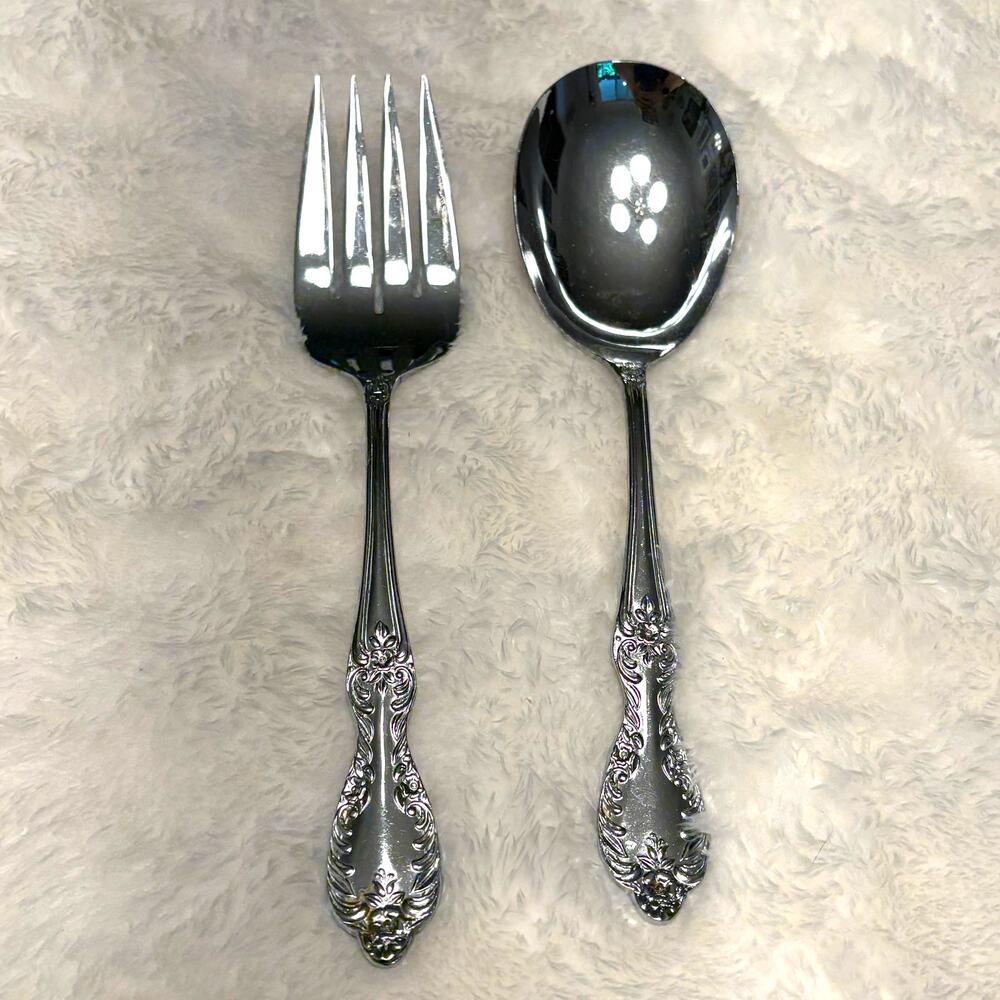 Vintage Louis XV Ornate Rose Flatware Serving Spoon & Fork Set Japan Scrolls